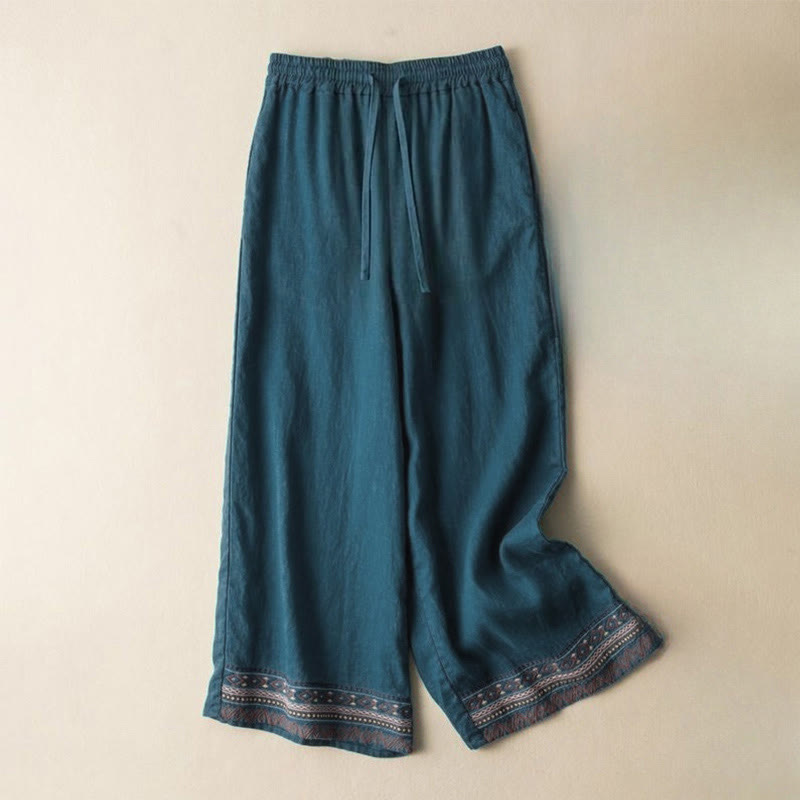 Buddha Stones Casual Embroidery Bohemian Pattern Drawstring Women's Wide Leg Pants With Pockets - LightSeaGreen - US12，UK/AU16，EU44 (XL) - image 5