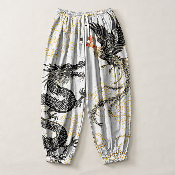Buddha Stones Pure Cotton Dragon Phoenix Cloud Pattern Drawstring Men's Harem Pants With Pockets - image 13