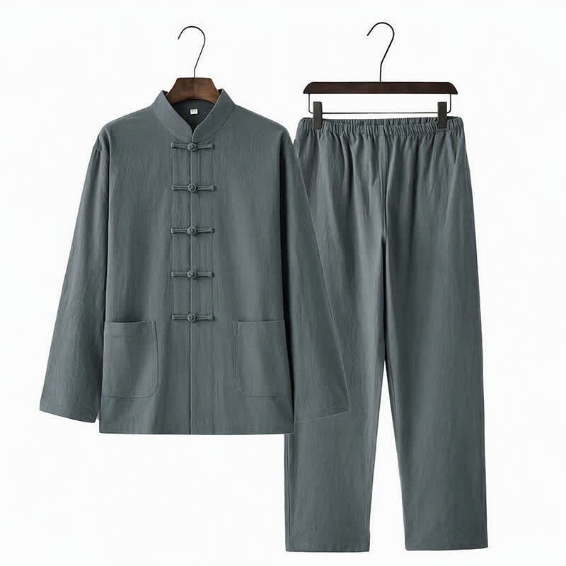 Buddha Stones 2Pcs Tang Suit Traditional Frog-Button Uniform Long Sleeve Shirt Pants Men's Set - image 6