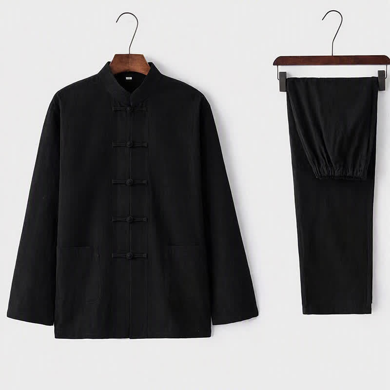 Buddha Stones 2Pcs Tang Suit Traditional Frog-Button Uniform Long Sleeve Shirt Pants Men's Set - Black - US/UK/AU44，EU54 (5XL) - image 3