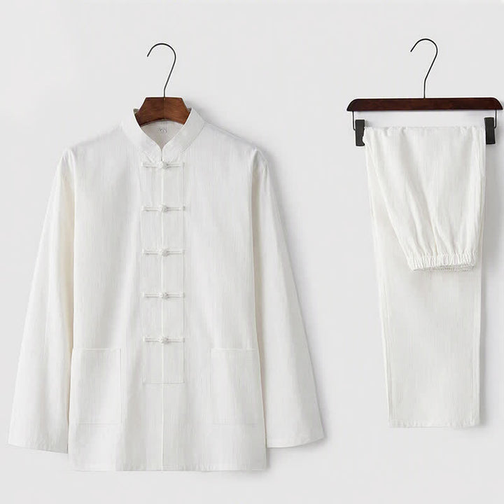 Buddha Stones 2Pcs Tang Suit Traditional Frog-Button Uniform Long Sleeve Shirt Pants Men's Set - White - US/UK/AU44，EU54 (5XL) - image 1
