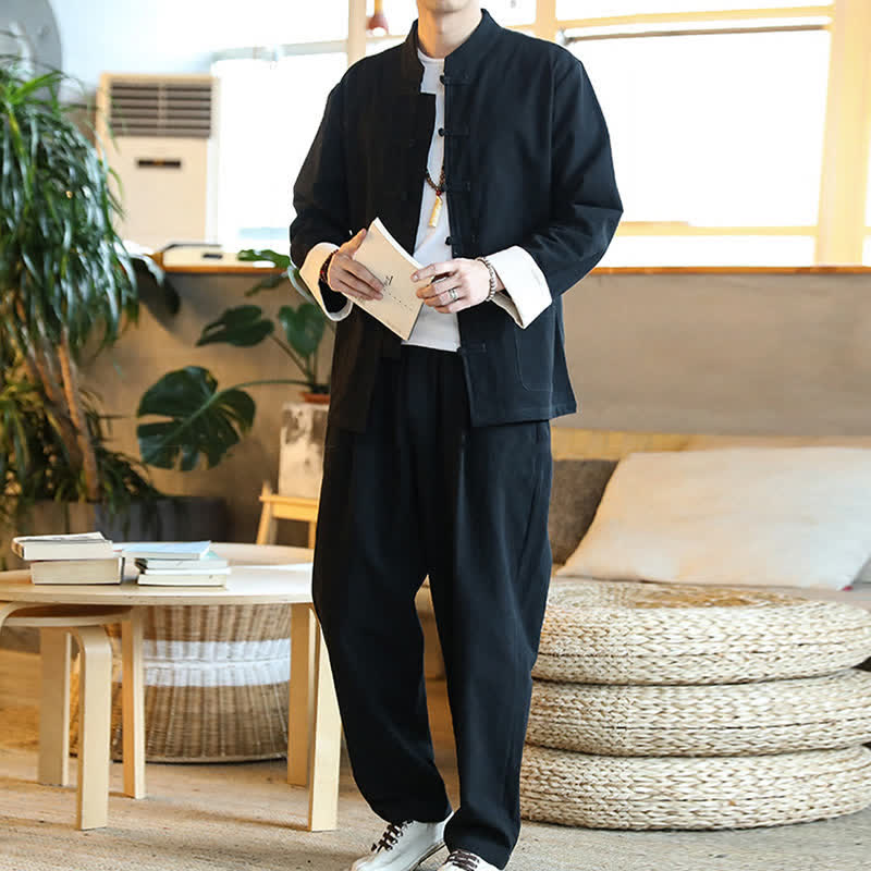 Buddha Stones 2Pcs Zen Tang Suit Men's Frog-Button Long Sleeve Shirt Pants Set With Pockets - image 20
