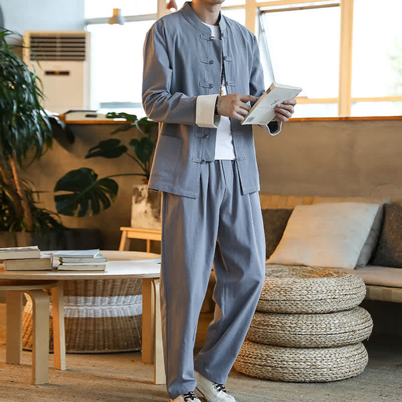 Buddha Stones 2Pcs Zen Tang Suit Men's Frog-Button Long Sleeve Shirt Pants Set With Pockets - image 3