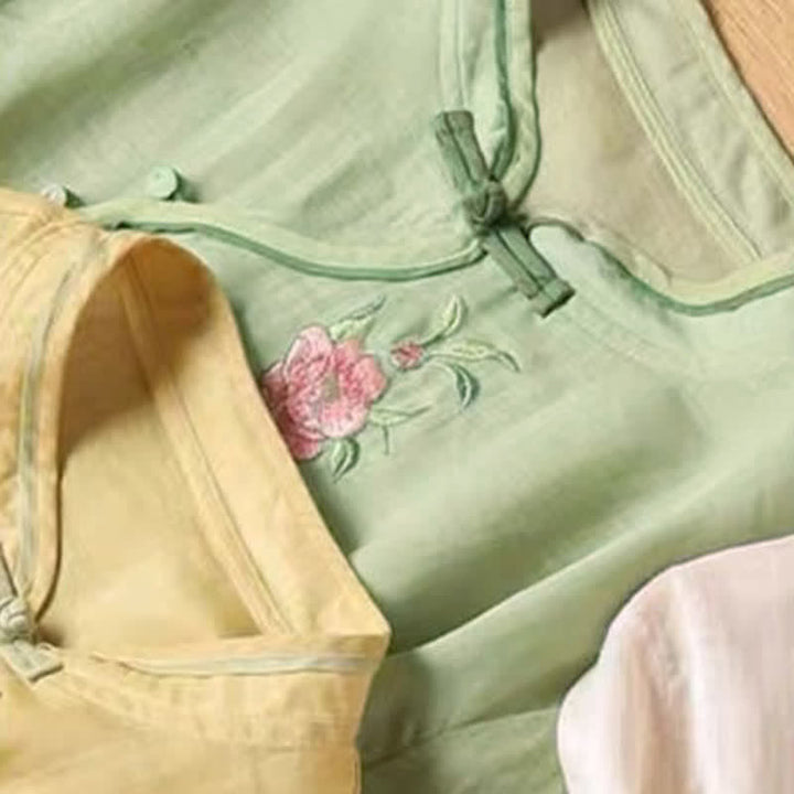 Buddha Stones Casual Vintage Embroidery Flower Pattern Chinese Frog-Button Crew Neck Design Women's Cotton Linen Shirt - image 12