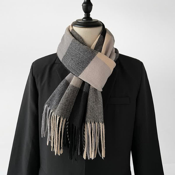 Buddha Stones Fall Winter Long Rectangular Plaid Fringed Men's Scarf - Beige - image 12