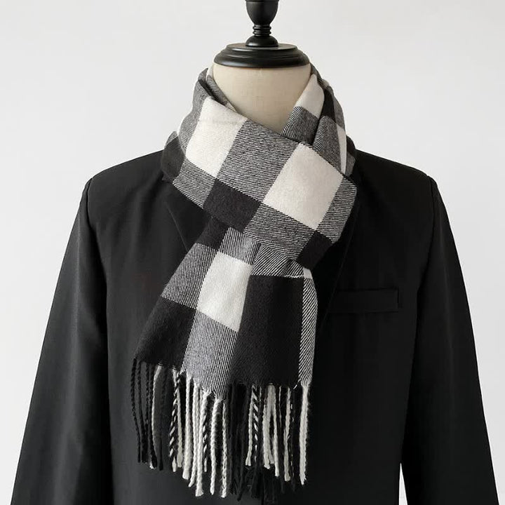 Buddha Stones Fall Winter Long Rectangular Plaid Fringed Men's Scarf - Black - image 0