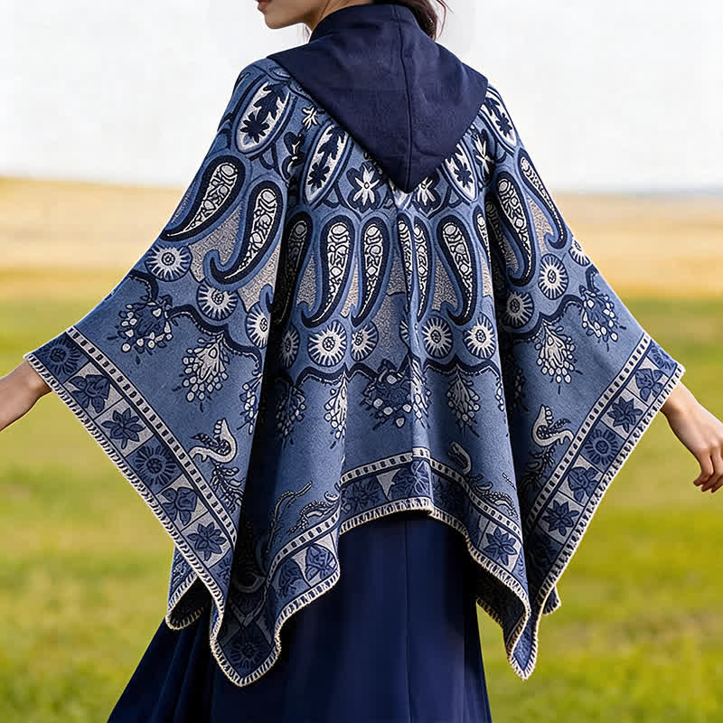 Buddha Stones Fall Winter Hooded Paisley Geometric Boho Poncho Style Shawl - image 7