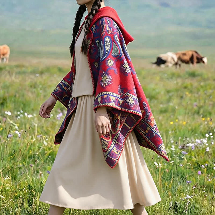 Buddha Stones Fall Winter Hooded Paisley Geometric Boho Poncho Style Shawl - image 14