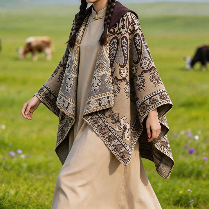Buddha Stones Fall Winter Hooded Paisley Geometric Boho Poncho Style Shawl - Sienna - 130*150CM - image 27