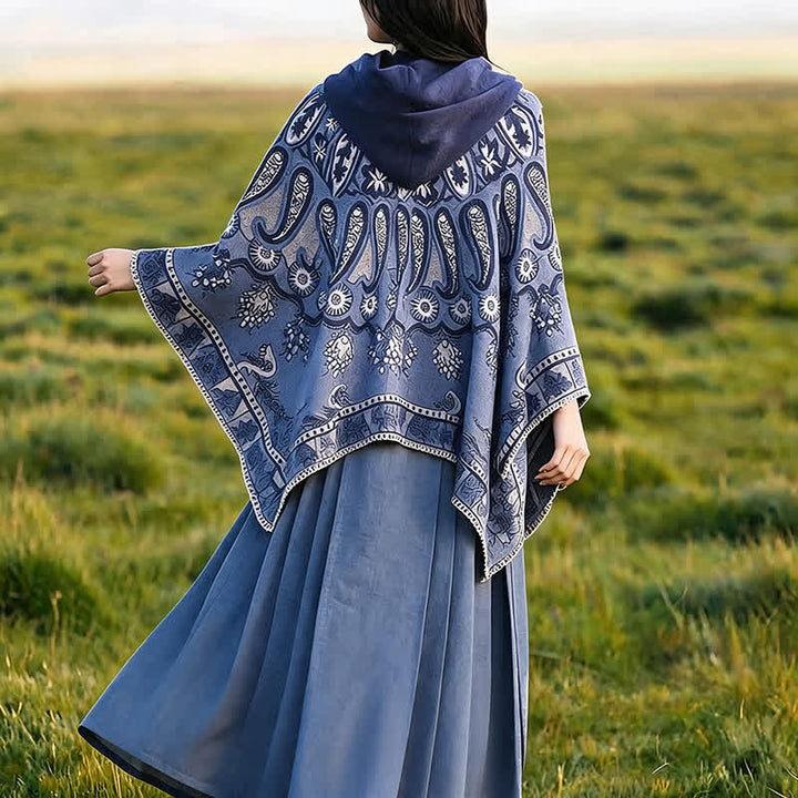Buddha Stones Fall Winter Hooded Paisley Geometric Boho Poncho Style Shawl - image 9