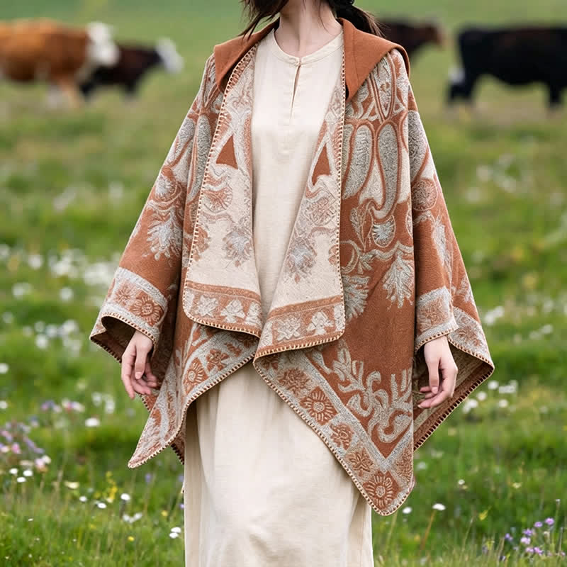 Buddha Stones Fall Winter Hooded Paisley Geometric Boho Poncho Style Shawl - SandyBrown - 130*150CM - image 22
