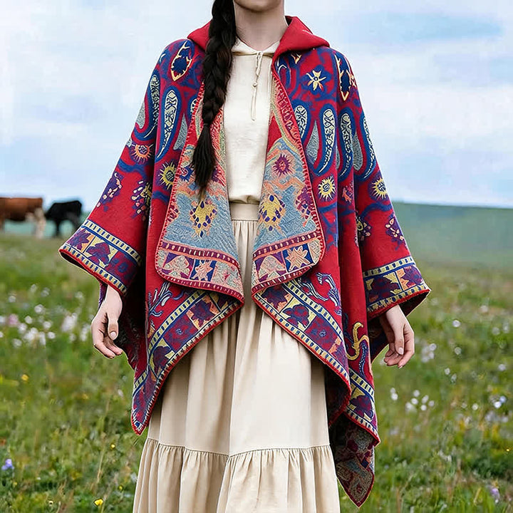 Buddha Stones Fall Winter Hooded Paisley Geometric Boho Poncho Style Shawl - Crimson - 130*150CM - image 12