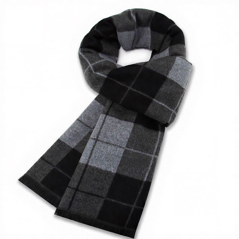 Buddha Stones Fall Winter Classic Grey Plaid Fringe Cozy Men's Scarf - Blue Gray Black Plaid - image 2