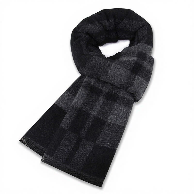 Buddha Stones Fall Winter Classic Grey Plaid Fringe Cozy Men's Scarf - Gray Black Plaid - image 6