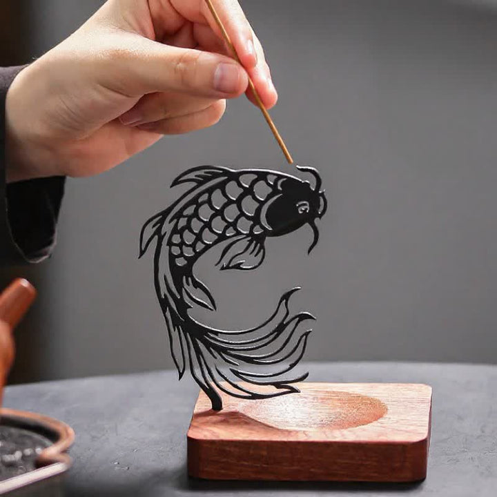 Buddha Stones Wooden Base Koi Fish Success Zen Incense Burner - image 6