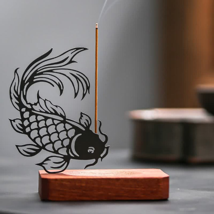 Buddha Stones Wooden Base Koi Fish Success Zen Incense Burner - image 1