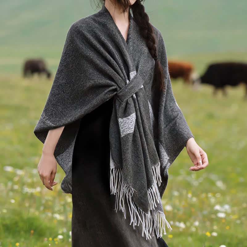 Buddha Stones Fall Winter Boho Striped Tassel Buckle Design Cozy Shawl - Black - 130x150cm - image 6