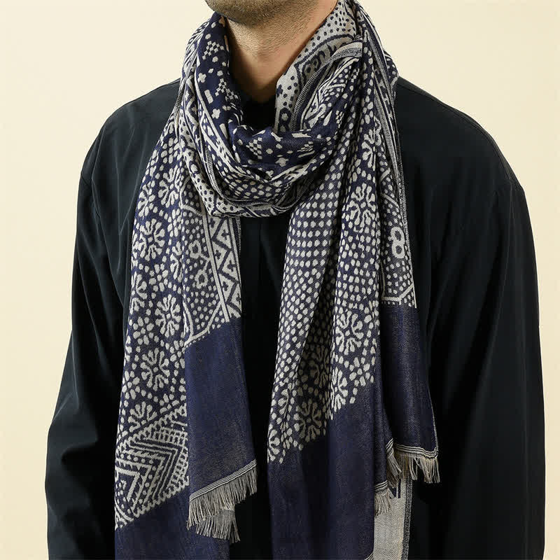 Buddha Stones Fall Winter Geometric Paisley Tassel Reversible Cozy Men's Scarf - Navy - Approx. 25.6 in × 77.0 in / 65 × 195 cm - image 0