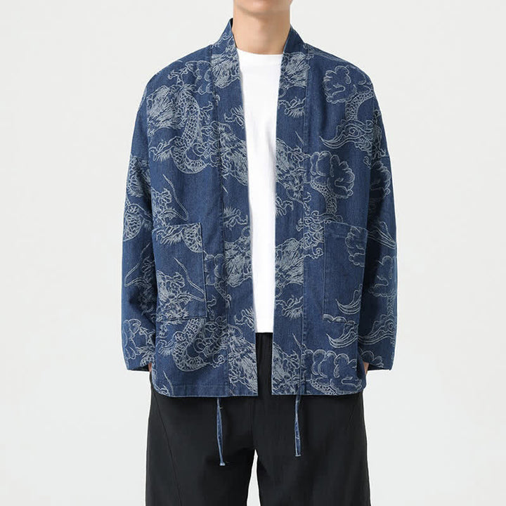 Buddha Stones Spring Vintage Drawstring Dragon Clouds Print Men's Kimono With Pockets - SteelBlue - US/UK/AU46，EU56 (3XL) - image 0