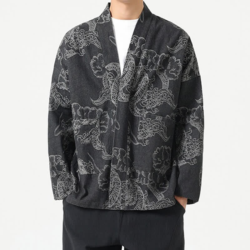 Buddha Stones Spring Vintage Drawstring Dragon Clouds Print Men's Kimono With Pockets - image 17