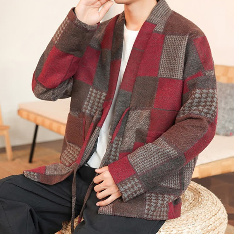 Buddha Stones Fall Winter Casual Vintage Drawstring Plaid Patchwork Men's Kimono With Pockets - image 27