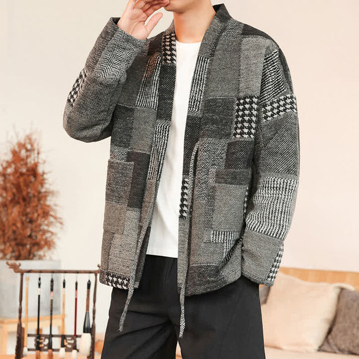 Buddha Stones Fall Winter Casual Vintage Drawstring Plaid Patchwork Men's Kimono With Pockets - image 13
