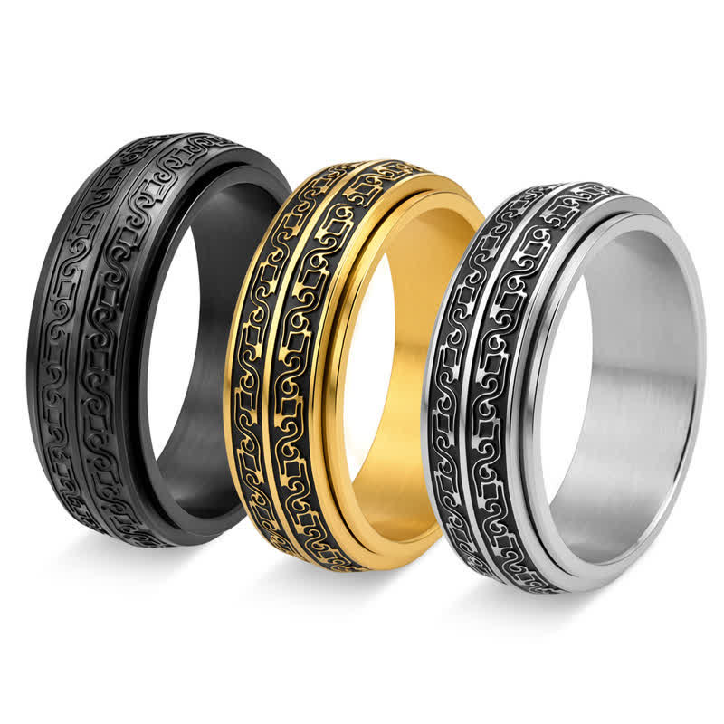 Buddha Stones Titanium Steel Scroll Pattern Rotating Protection Ring - image 0