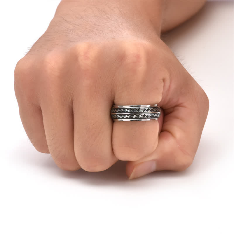 Buddha Stones Titanium Steel Greek Key Rotating Protection Ring - image 1