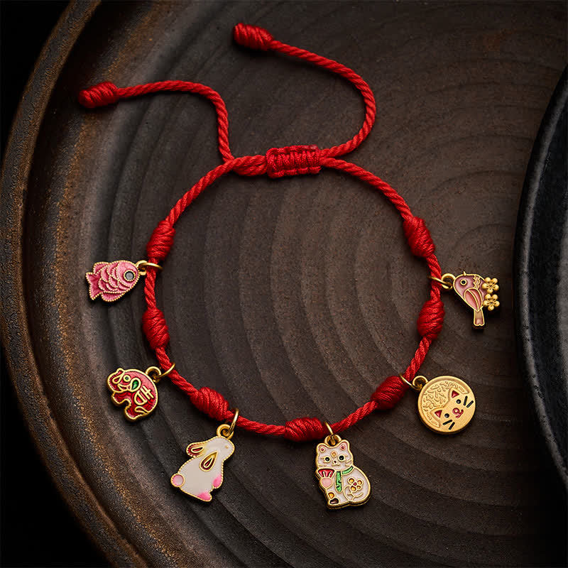 Buddha Stones Handmade Seven-Knot Red String Koi Fish Elephant Rabbit Cat Purple Magpie Luck Bracelet - Red(Wrist Circumference: 5.9–7.5 in / 15–19 cm) - image 0