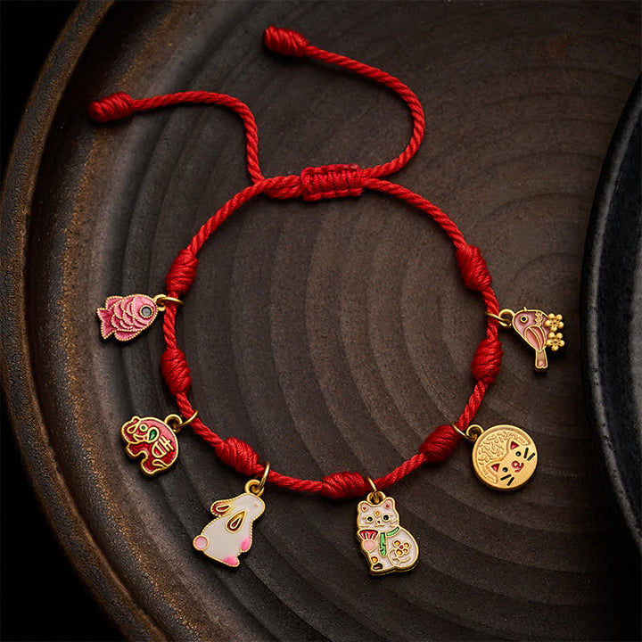 Buddha Stones Handmade Seven-Knot Red String Koi Fish Elephant Rabbit Cat Purple Magpie Luck Bracelet - Red(Wrist Circumference: 5.9–7.5 in / 15–19 cm) - image 0