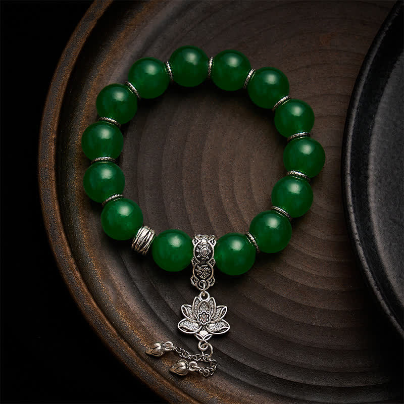Buddha Stones Natural Green Quartzite Jade Beads Lotus Charm Protection Bracelet - Quartzite Jade(Wrist Circumference: 6.7–7.1 in / 17–18 cm) - image 0