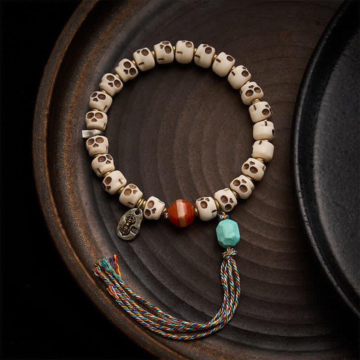 Buddha Stones Tibetan Bone Beads Lord of the Corpse Forest Skull Pattern Grounding Bracelet - 9 × 6.3mm - image 0