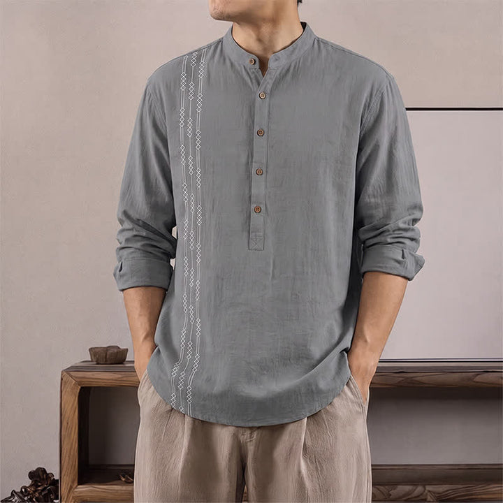 Buddha Stones Spring Summer Casual Tang Style Geometric Cotton Men's Long Sleeve Shirts - SlateGray - US/UK/AU40, EU50 (2XL) - image 7