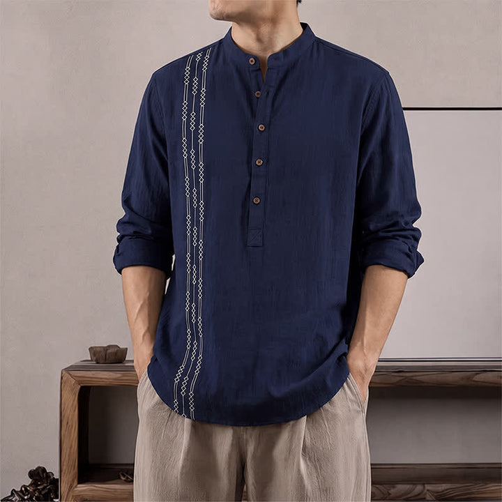 Buddha Stones Spring Summer Casual Tang Style Geometric Cotton Men's Long Sleeve Shirts - MidnightBlue - US/UK/AU40, EU50 (2XL) - image 0
