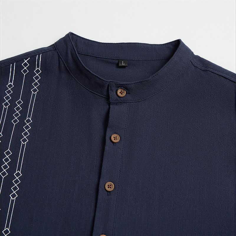 Buddha Stones Spring Summer Casual Tang Style Geometric Cotton Men's Long Sleeve Shirts - image 3