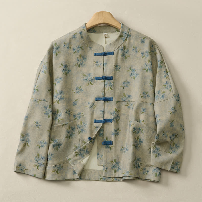 Buddha Stones Fall Vintage Tang Style Frog Button Floral Women's Jacket With Pockets - Beige - US14, UK/AU18, EU46 (2XL) - image 15