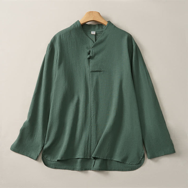 Buddha Stones Spring Fall Casual Tang Style Mandarin Collar Solid Cotton Women's Long Sleeve Shirts - SeaGreen - US16，UK/AU20，EU48 (5XL) - image 0
