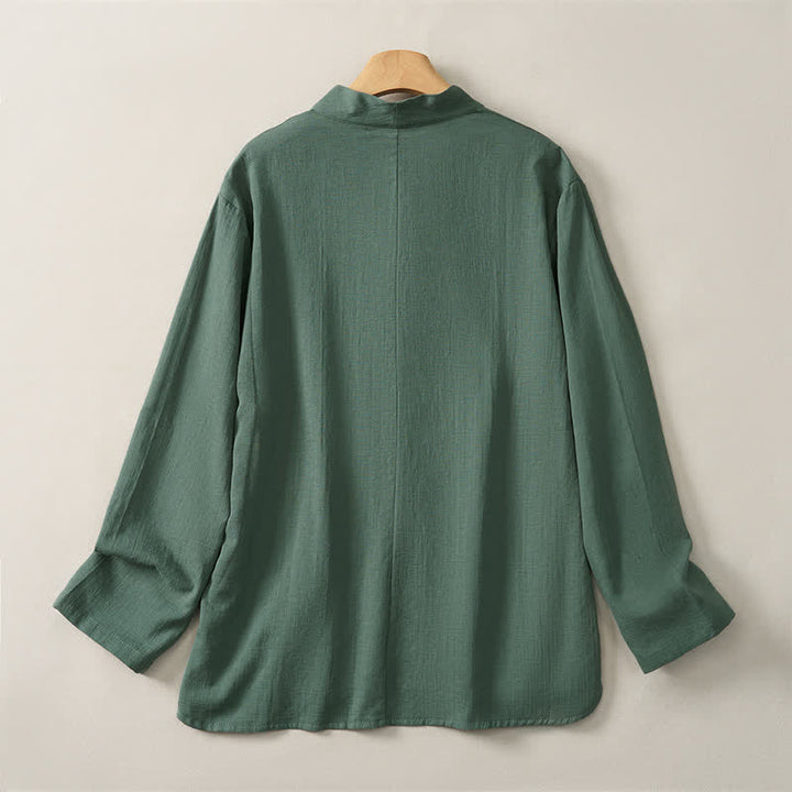 Buddha Stones Spring Fall Casual Tang Style Mandarin Collar Solid Cotton Women's Long Sleeve Shirts - image 1