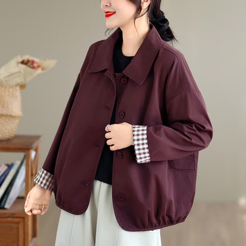 Buddha Stones Fall Casual Vintage Button-Up Solid Checkered Pattern Women's Jacket With Pockets - image 19