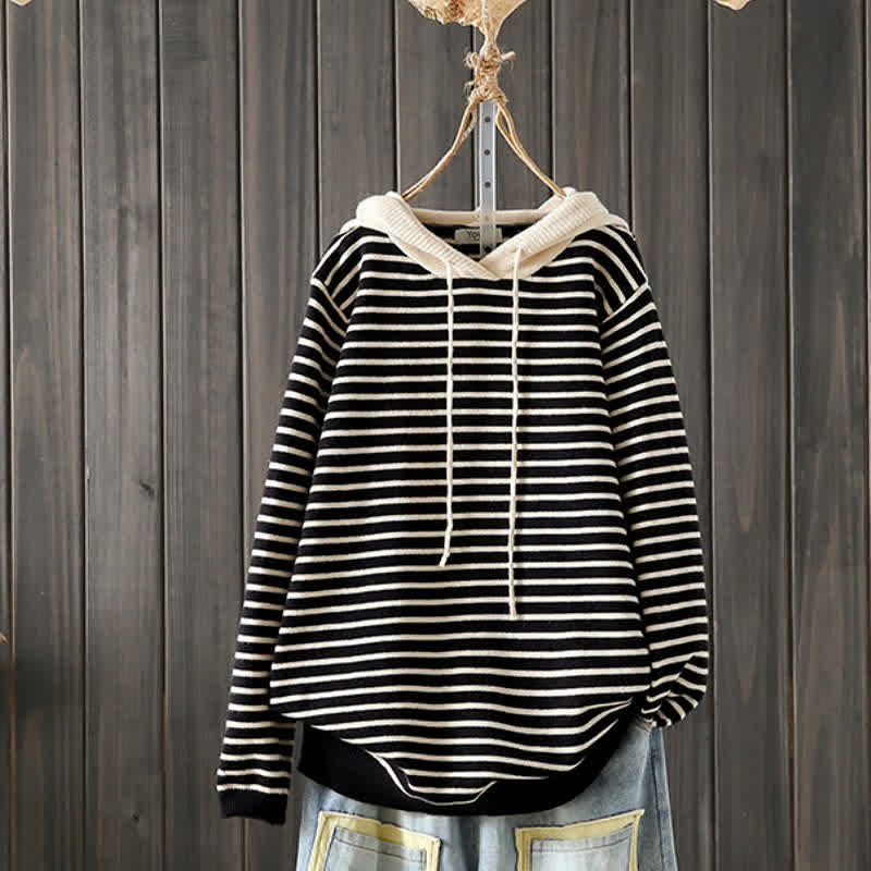 Buddha Stones Fall Winter Casual Classic Drawstring Striped Cotton Women's Hoodie - Black - US4-6, UK/AU8-10, EU36-38 (F) - image 11