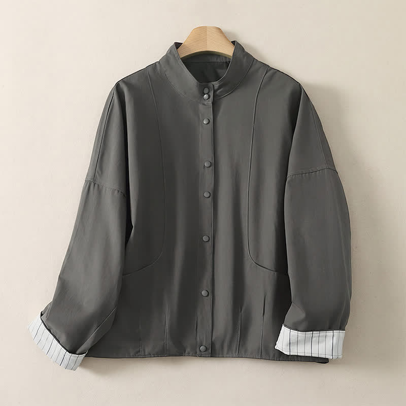 Buddha Stones Fall Winter Casual Minimalist Mandarin Collar Solid Cropped Women's Jacket With Pockets - DimGray - US14, UK/AU18, EU46 (2XL) - image 0