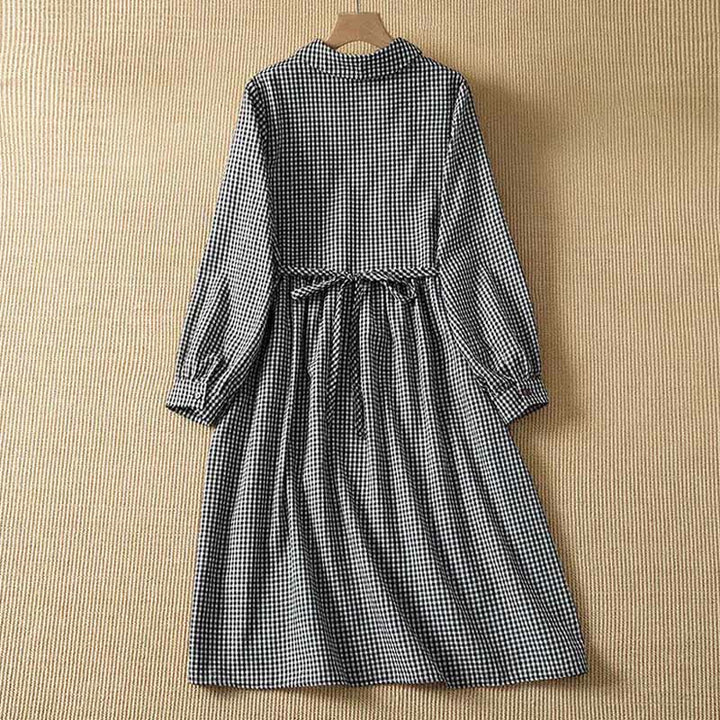 Buddha Stones Fall Vintage Button-Up Black and White Gingham Women's Long Sleeve Dress With Pockets - image 1