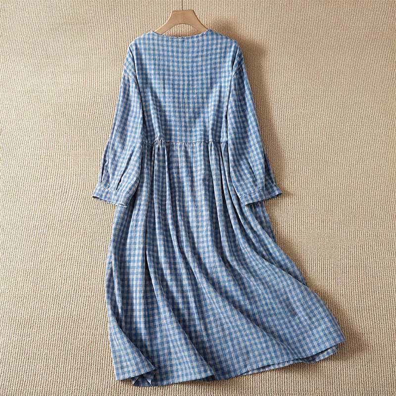 Buddha Stones Spring Fall Casual Vintage Blue and White Plaid Crew Neck Women's Long Sleeve Dress With Pockets - image 1