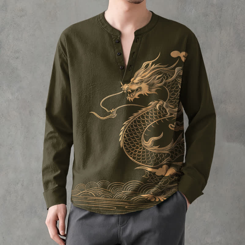 Buddha Stones Cotton Golden Dragon Wave Pattern V-Neck Buttons Men's Long Sleeve Shirts - DarkOliveGreen - US/UK/AU48，EU58 (4XL) - image 0