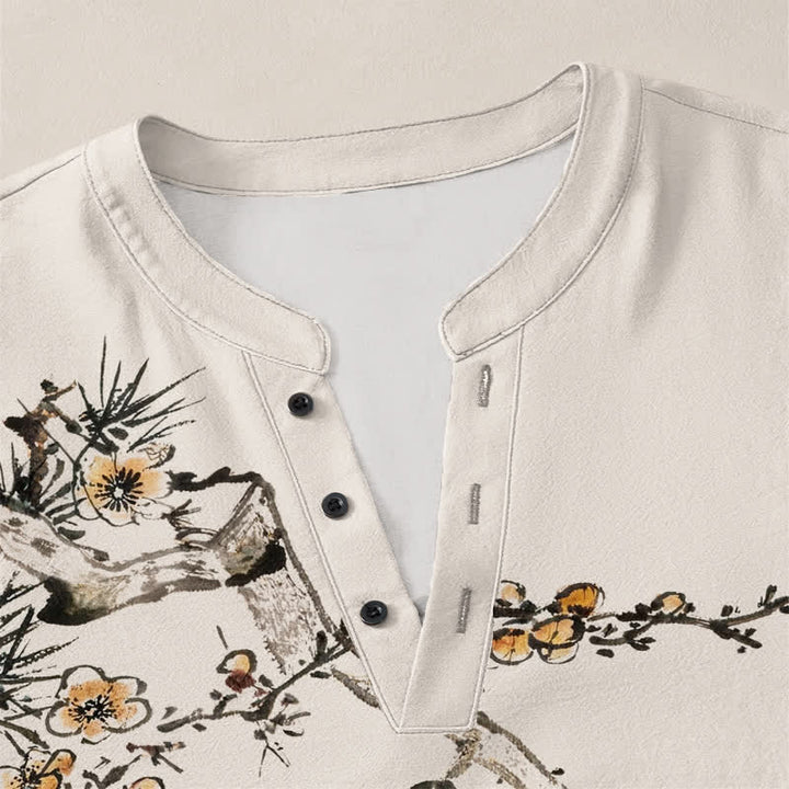 Buddha Stones Cotton Ink Pine Yellow Flowers Pattern V-Neck Buttons Men's Long Sleeve Shirts - image 4