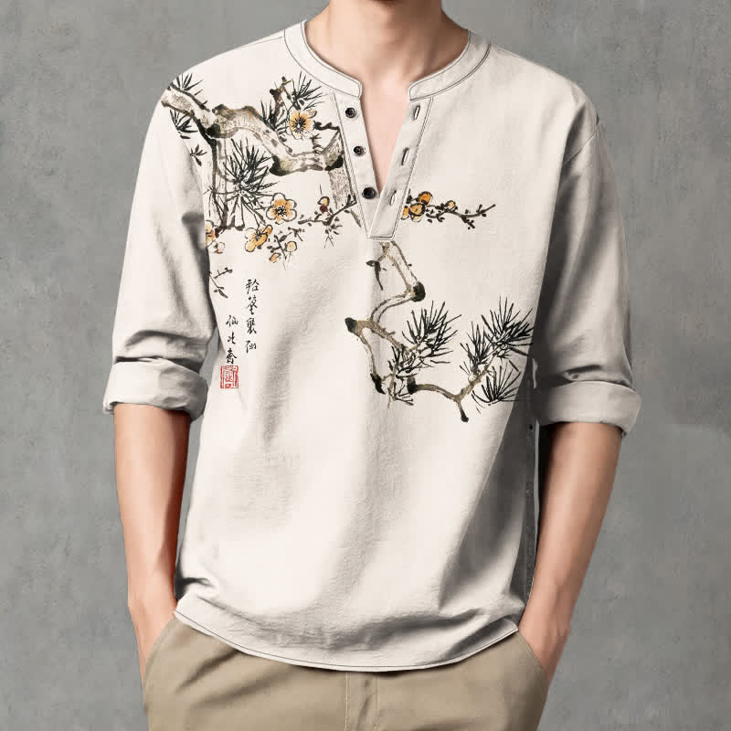 Buddha Stones Cotton Ink Pine Yellow Flowers Pattern V-Neck Buttons Men's Long Sleeve Shirts - Linen - US/UK/AU48，EU58 (4XL) - image 0