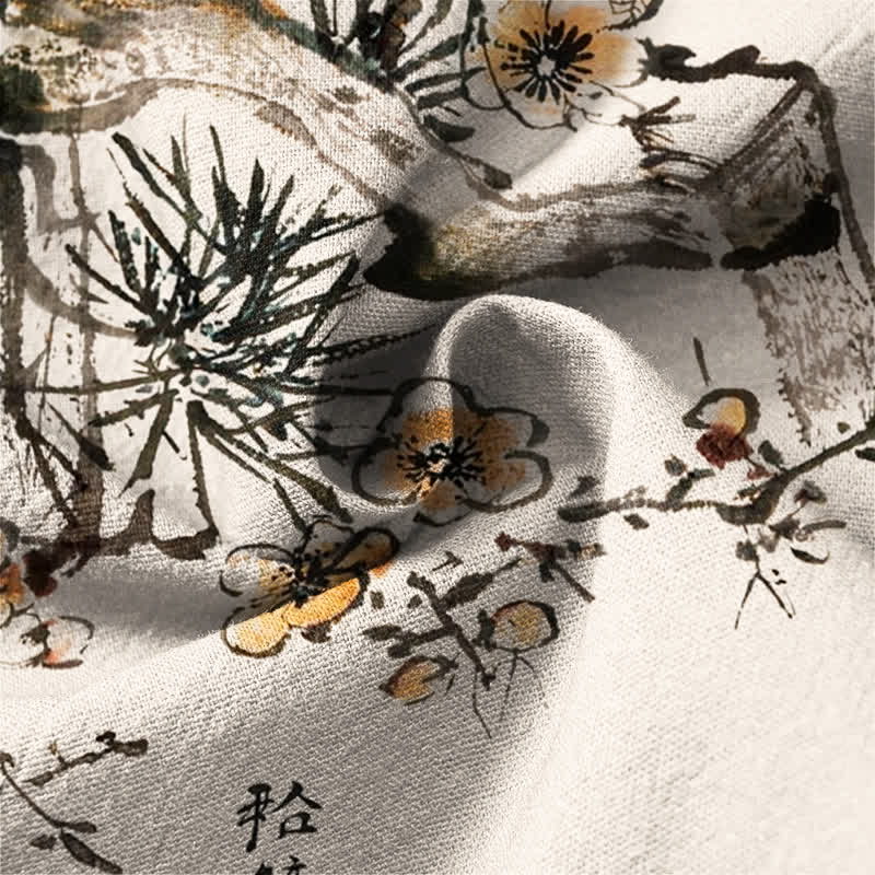 Buddha Stones Cotton Ink Pine Yellow Flowers Pattern V-Neck Buttons Men's Long Sleeve Shirts - image 6