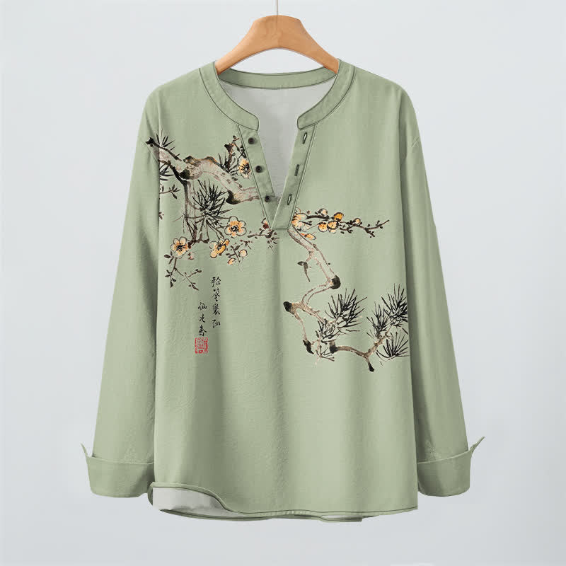 Buddha Stones Cotton Ink Pine Yellow Flowers Pattern V-Neck Buttons Men's Long Sleeve Shirts - image 9