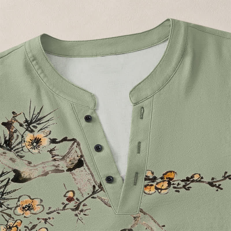 Buddha Stones Cotton Ink Pine Yellow Flowers Pattern V-Neck Buttons Men's Long Sleeve Shirts - image 11