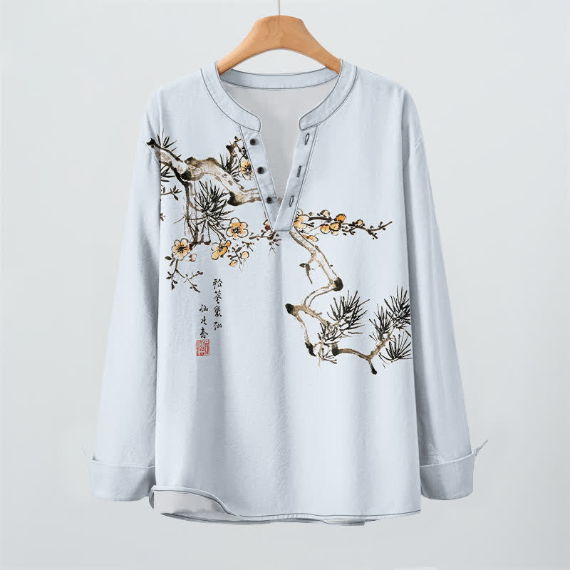 Buddha Stones Cotton Ink Pine Yellow Flowers Pattern V-Neck Buttons Men's Long Sleeve Shirts - image 16